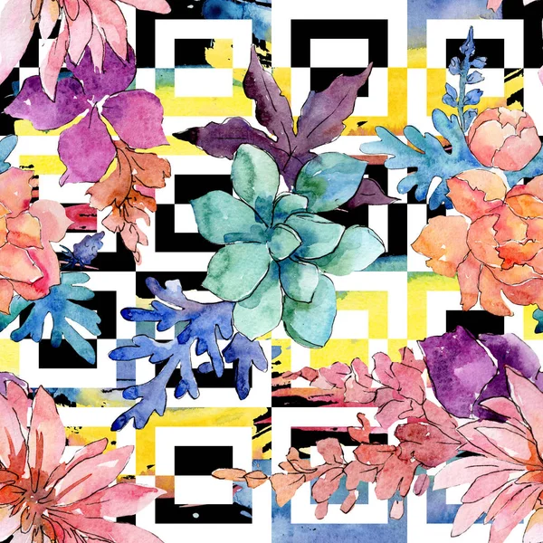 꽃 식물 꽃 조성물. 수채화 배경 일러스트 세트입니다. 원활한 배경 패턴. — 스톡 사진