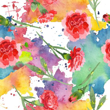 Kırmızı dianthus çiçek botanik çiçekler. Suluboya arka plan illüstrasyon seti. Kesintisiz arka plan deseni.