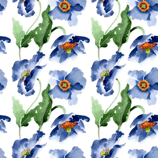 Blue poppy floral botanical flowers. Watercolor background illustration set. Seamless background pattern. — Stock Photo, Image