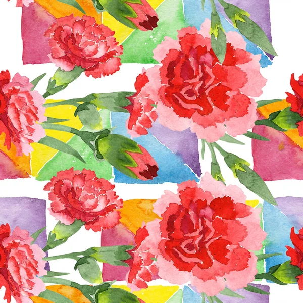 Fiori botanici floreali dianthus rossi. Acquerello sfondo illustrazione set. Modello di sfondo senza soluzione di continuità . — Foto Stock