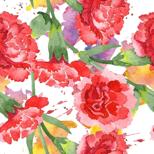 Czerwony Dianthus kwiatowy kwiatów botanicznych. Akwarela zestaw ilustracji tła. Płynny wzór tła. — Zdjęcie stockowe