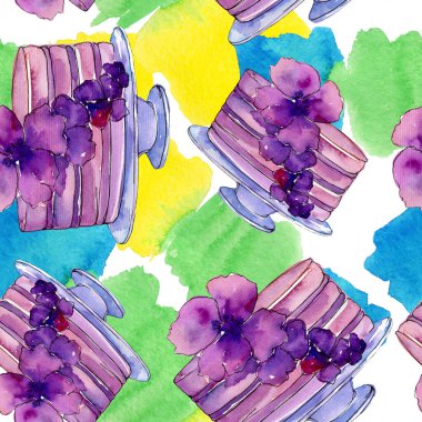 Çiçeklerle süslenmiş lezzetli pasta. Suluboya arka plan illüstrasyon seti. Kesintisiz arka plan deseni.