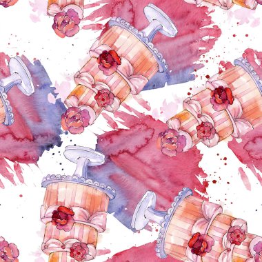 Çiçeklerle süslenmiş lezzetli pasta. Suluboya arka plan illüstrasyon seti. Kesintisiz arka plan deseni.