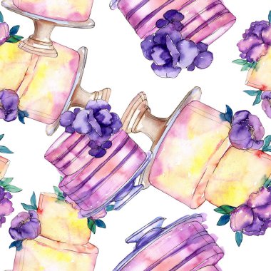 Çiçeklerle süslenmiş lezzetli pasta. Suluboya arka plan illüstrasyon seti. Kesintisiz arka plan deseni.