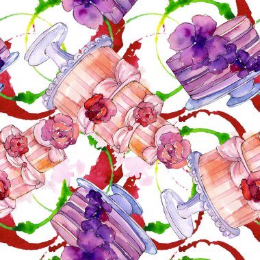 Çiçeklerle süslenmiş lezzetli pasta. Suluboya arka plan illüstrasyon seti. Kesintisiz arka plan deseni.