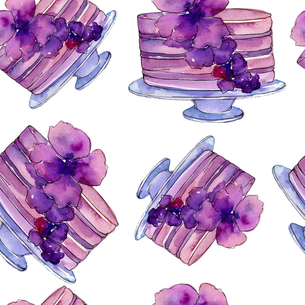 Gâteau savoureux décoré de fleurs. Ensemble d'illustration de fond aquarelle. Modèle de fond sans couture . — Photo