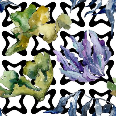 Yeşil ve menekşe su altı doğa mercan resifi. Suluboya illüstrasyon seti. Kesintisiz arka plan deseni.