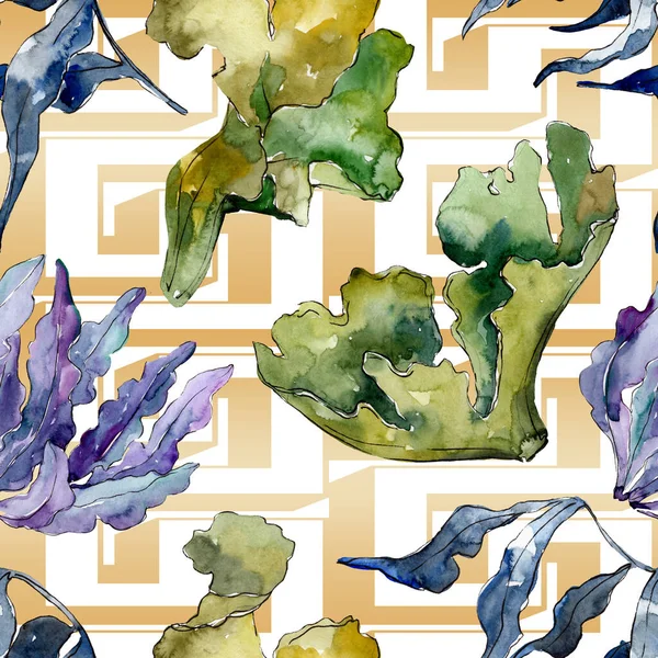 Зелений і фіолетовий водяний підводний кораловий риф. Набір акварельних ілюстрацій. Безшовний візерунок тла . — стокове фото