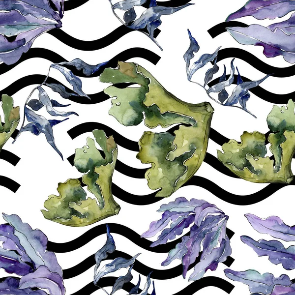 Arrecife de coral de naturaleza submarina acuática verde y violeta. Juego de ilustración en acuarela. Patrón de fondo sin costuras . — Foto de Stock