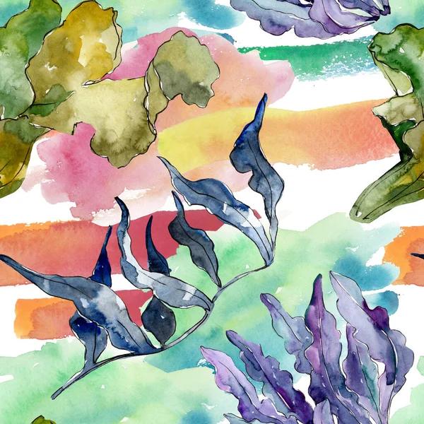 Grüne und violette aquatische Unterwasserkorallenriffe. Aquarell-Illustrationsset vorhanden. nahtloses Hintergrundmuster. — Stockfoto