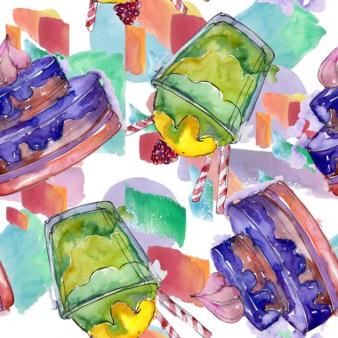 Suluboya tarzında lezzetli kek. Suluboya illüstrasyon seti. Kesintisiz arka plan deseni.