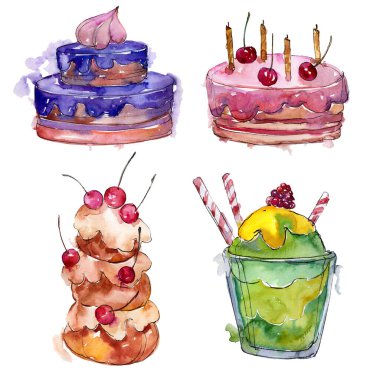 Suluboya tarzında lezzetli pasta. Arka plan çizim seti. Suluboya çizim moda aquarelle.