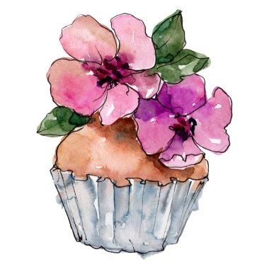 Suluboya tarzında lezzetli cupcake. Arka plan çizim seti. Suluboya çizim moda aquarelle izole.