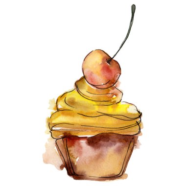 Suluboya tarzında lezzetli cupcake. Arka plan çizim seti. Suluboya çizim moda aquarelle izole.