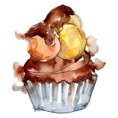 Suluboya tarzında lezzetli cupcake. Arka plan çizim seti. Suluboya çizim moda aquarelle izole.