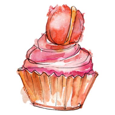 Suluboya tarzında lezzetli cupcake. Arka plan çizim seti. Suluboya çizim moda aquarelle izole.