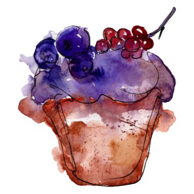 Suluboya tarzında lezzetli cupcake. Arka plan çizim seti. Suluboya çizim moda aquarelle izole.