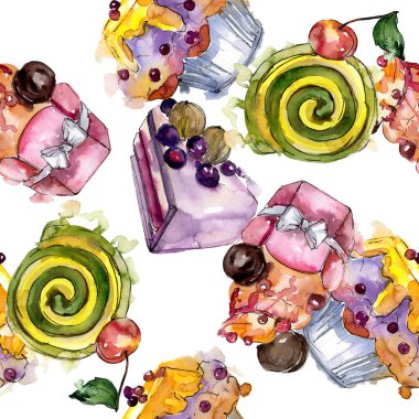 Suluboya tarzında lezzetli kek. Suluboya illüstrasyon seti. Kesintisiz arka plan deseni.