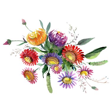 Buket çiçek botanik çiçekler. Suluboya arka plan illüstrasyon küme. İzole buket illüstrasyon öğesi.