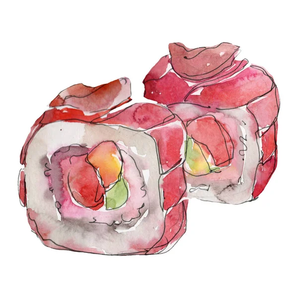 Watercolor sushi set of beautiful tasty japanese food illustration. Hand drawn objects isolated on white background. — Stock Photo, Image