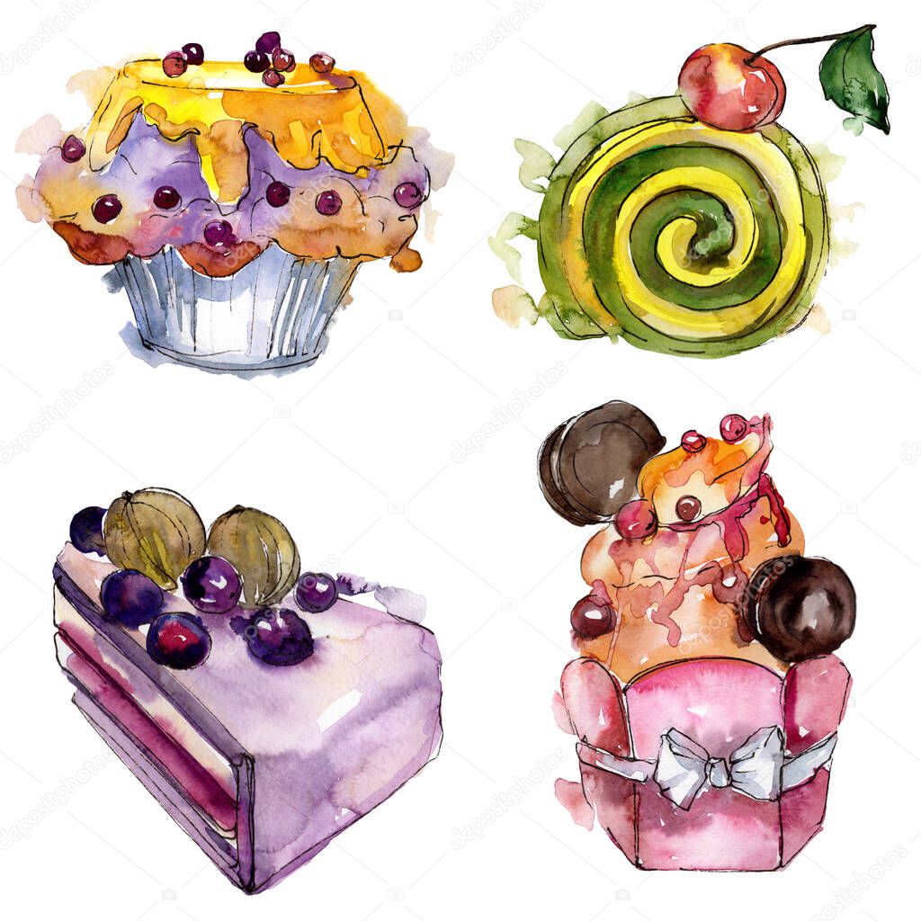 Tasty cake in a watercolor style. Background illustration set. Watercolour drawing fashion aquarelle isolated.