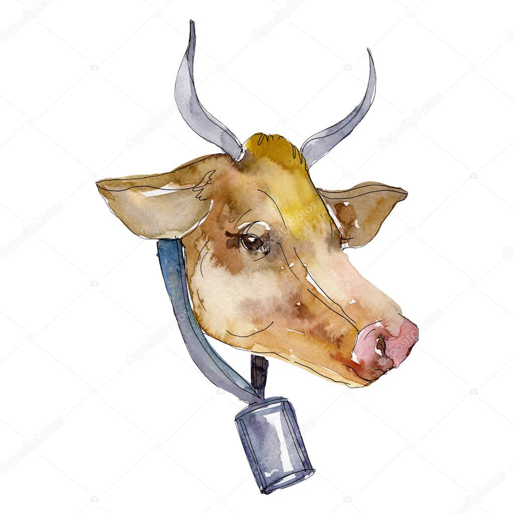 Cow head farm animal isolated. Watercolor background illustration set. Isolated cow illustration element.