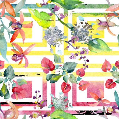 Buket çiçek botanik çiçekler. Suluboya arka plan illüstrasyon küme. Sorunsuz arka plan deseni.