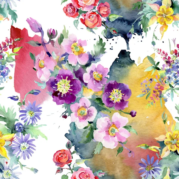 Bouquet floral botanical flowers. Watercolor background illustration set. Seamless background pattern. — Stock Photo, Image