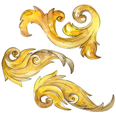 Altın monogram çiçek süsleme. Barok izole öğeleri Tasarla. Suluboya arka plan illüstrasyon seti.