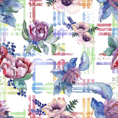 Mor buket botanik çiçek. Suluboya arka plan illüstrasyon küme. Sorunsuz arka plan deseni.