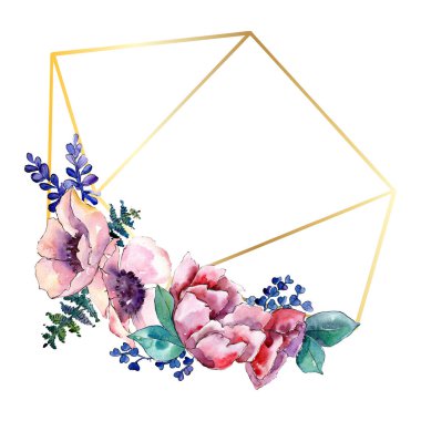 Mor buket botanik çiçek. Suluboya arka plan illüstrasyon küme. Çerçeve kenarlığı süsleme Meydanı.