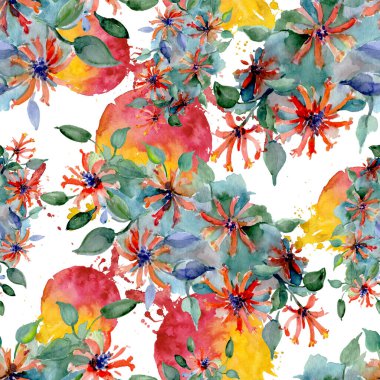 Buket çiçek botanik çiçekler. Suluboya arka plan illüstrasyon küme. Sorunsuz arka plan deseni.