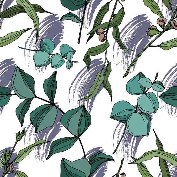 Vector Eucalyptus árbol hojas de la selva botánica. Tinta grabada en blanco y negro. Patrón de fondo sin costuras . — Vector de stock