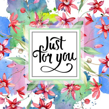 Kırmızı çiçek botanik çiçek buketi. Suluboya arka plan illüstrasyon seti. Çerçeve kenarlık süs karesi.