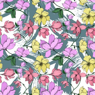 Vektör Magnolia çiçek botanik çiçekleri. Siyah beyaz işlemeli mürekkep sanatı. Kusursuz arkaplan deseni.