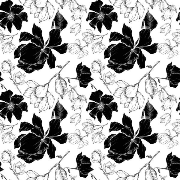 Vektormagnolie mit botanischen Blüten. Schwarz-weiß gestochene Tuschekunst. nahtloses Hintergrundmuster. — Stockvektor