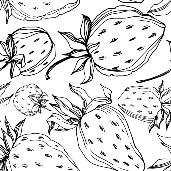 Vector fresa fresca bayas alimentos saludables. Tinta grabada en blanco y negro. Patrón de fondo sin costuras . — Vector de stock