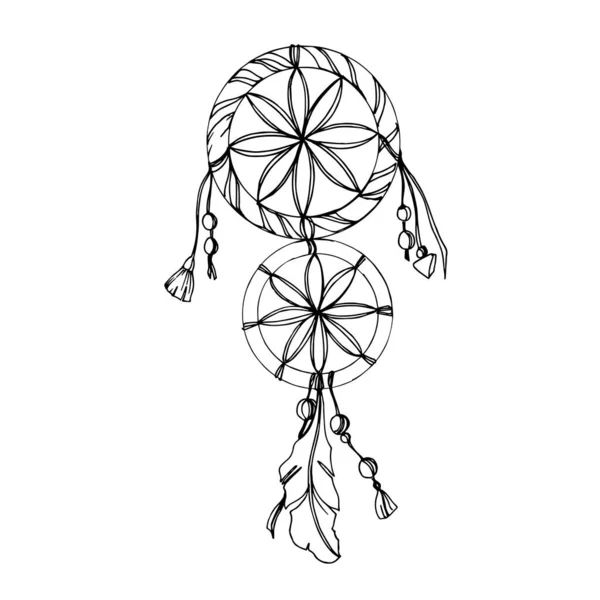 Vector Fether dreamcatcher. Black and white engraved ink art. Isolated dream catcher illustration element. — Stock Vector