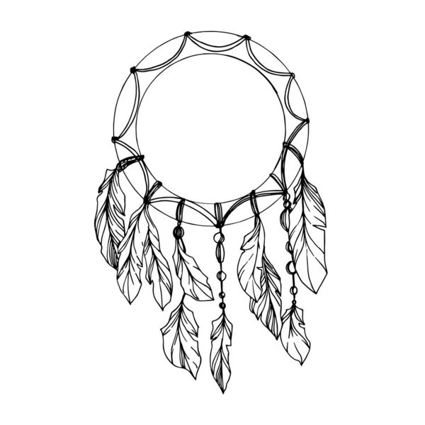 Vector Fether dreamcatcher. Black and white engraved ink art. Isolated dream catcher illustration element. — Stock Vector