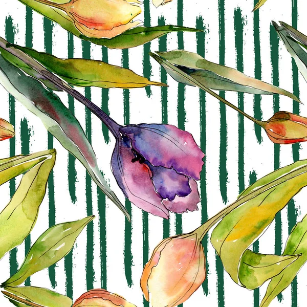 Tulipán flores botánicas florales. Conjunto de ilustración de fondo acuarela. Patrón de fondo sin costuras . — Foto de Stock