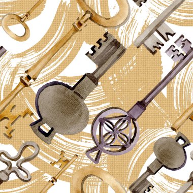 İzole edilmiş eski anahtar çizim elementi. Suluboya arkaplan çizimi. Kusursuz arkaplan deseni.