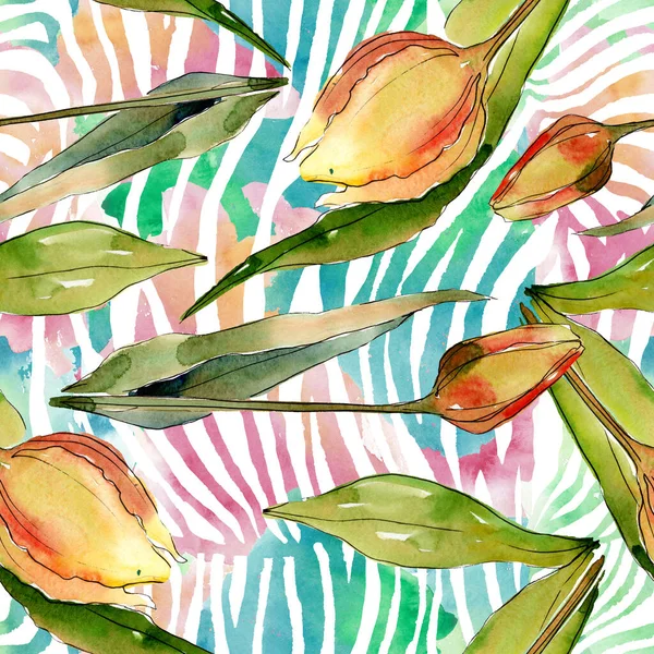 Tulpan blommiga botaniska blommor. Akvarell bakgrund illustration uppsättning. Sömlöst bakgrundsmönster. — Stockfoto