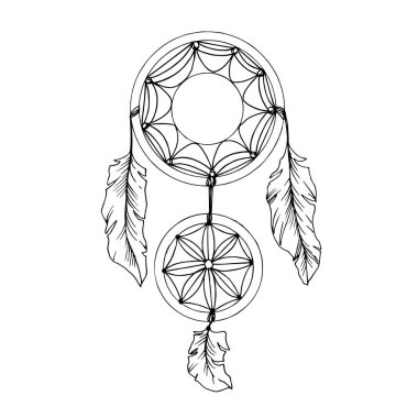 Vector Fether Düş Yakalayıcısı. Siyah beyaz işlemeli mürekkep sanatı. İzole edilmiş rüya yakalayıcı illüstrasyon ögesi.