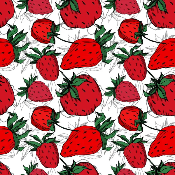 Vector strawberry fresh berry healthy food. Black and white engraved ink art. Seamless background pattern. — ストックベクタ