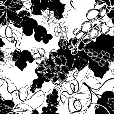 Üzümlü sağlıklı yemek. Siyah beyaz işlemeli mürekkep sanatı. Kusursuz arkaplan deseni.