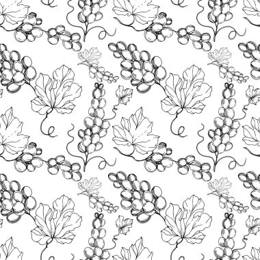 Üzümlü sağlıklı yemek. Siyah beyaz işlemeli mürekkep sanatı. Kusursuz arkaplan deseni.