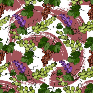 Üzümlü sağlıklı yemek. Siyah beyaz işlemeli mürekkep sanatı. Kusursuz arkaplan deseni.