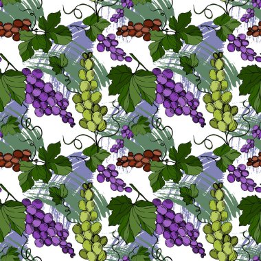 Üzümlü sağlıklı yemek. Siyah beyaz işlemeli mürekkep sanatı. Kusursuz arkaplan deseni.