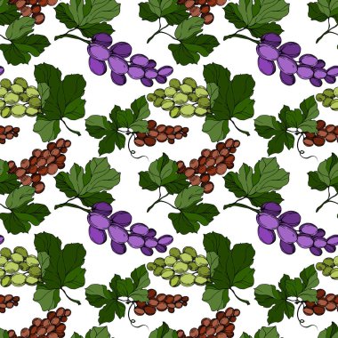 Üzümlü sağlıklı yemek. Siyah beyaz işlemeli mürekkep sanatı. Kusursuz arkaplan deseni.