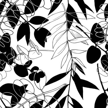 Vektör Okaliptüs daldan ayrılıyor. Siyah beyaz işlemeli mürekkep sanatı. Kusursuz arkaplan deseni.